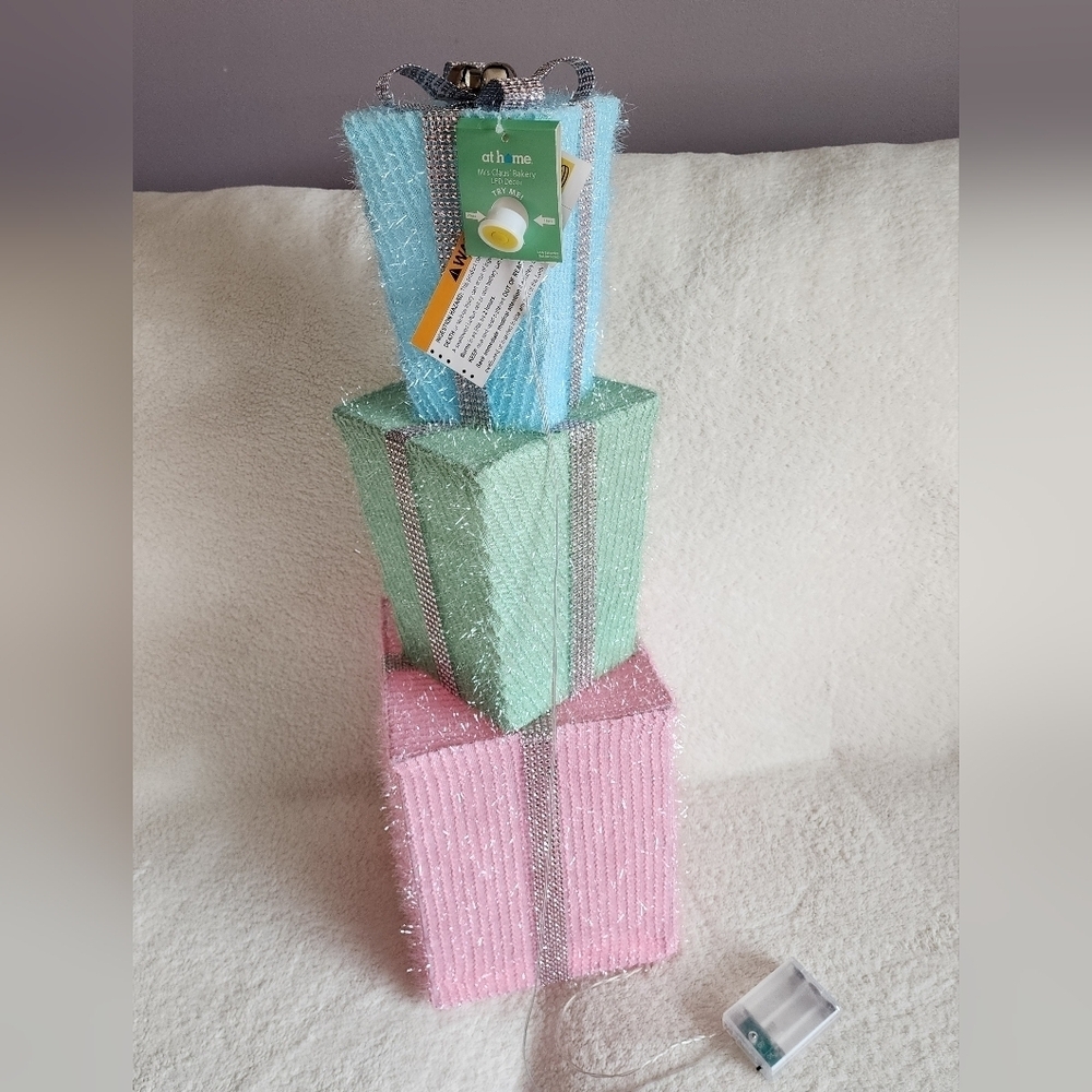 Nwt large Mrs. Claus Bakery Pre-Lit LED Pastel Gift Stack, 28" Christmas decor